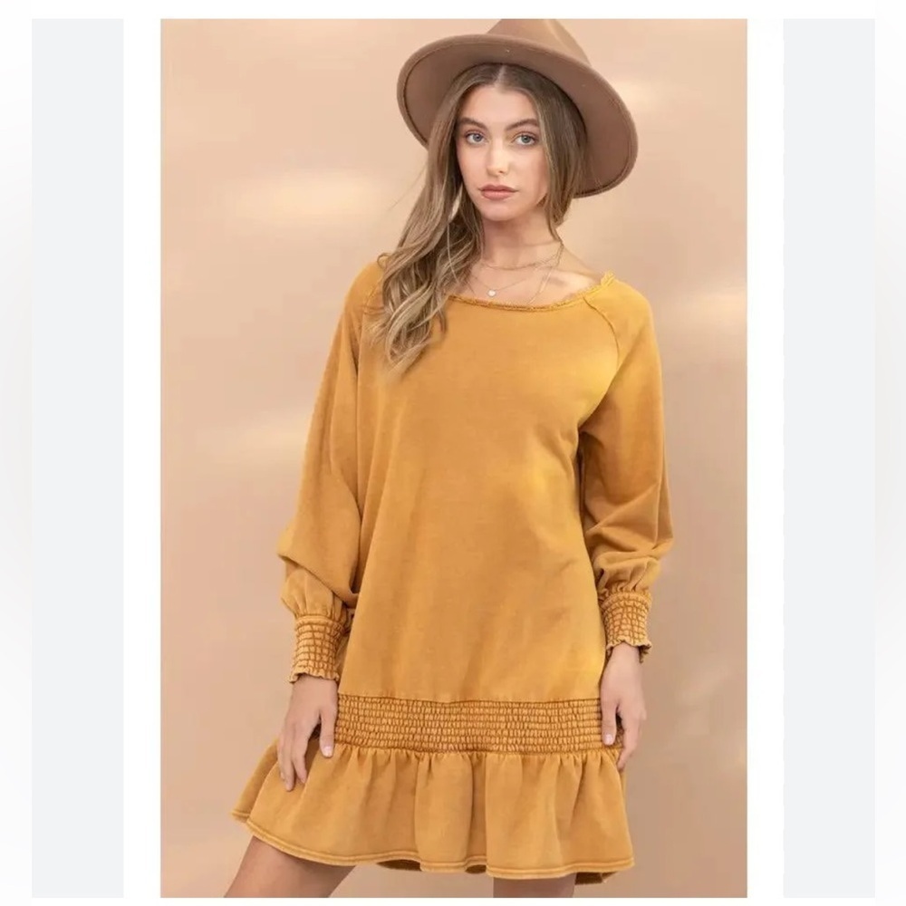 Smocked Knit Cotton Fleece Goldie Dress Mustard Yellow Size Small NWT